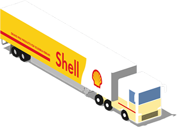 Shell cargo truck running on diesel transporting goods on a road, animated driving.