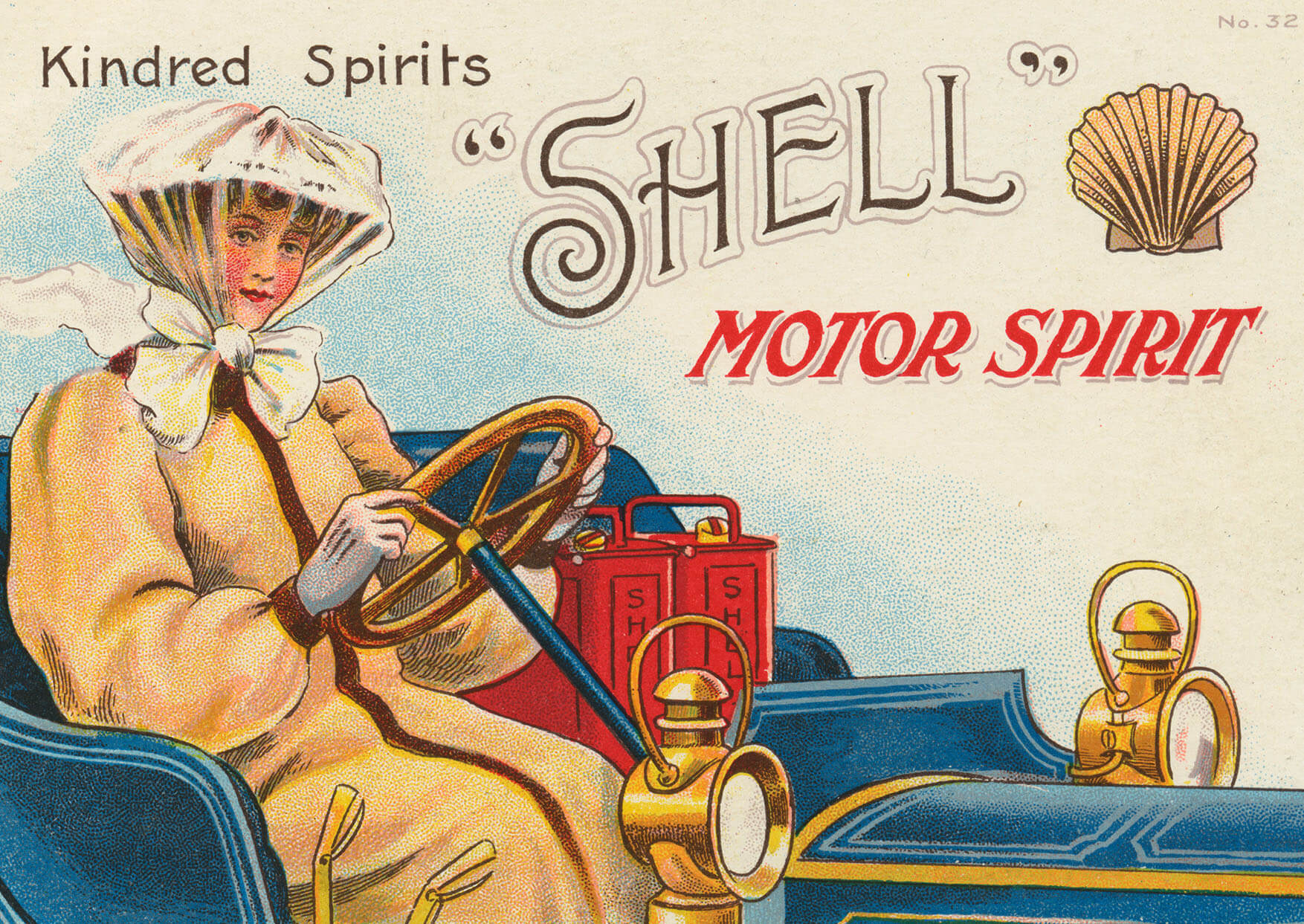 An old poster advertising 'Shell Motor Spirit'. Showing a woman driving an old car, with two petrol cans marked 'Shell' on the seat beside her