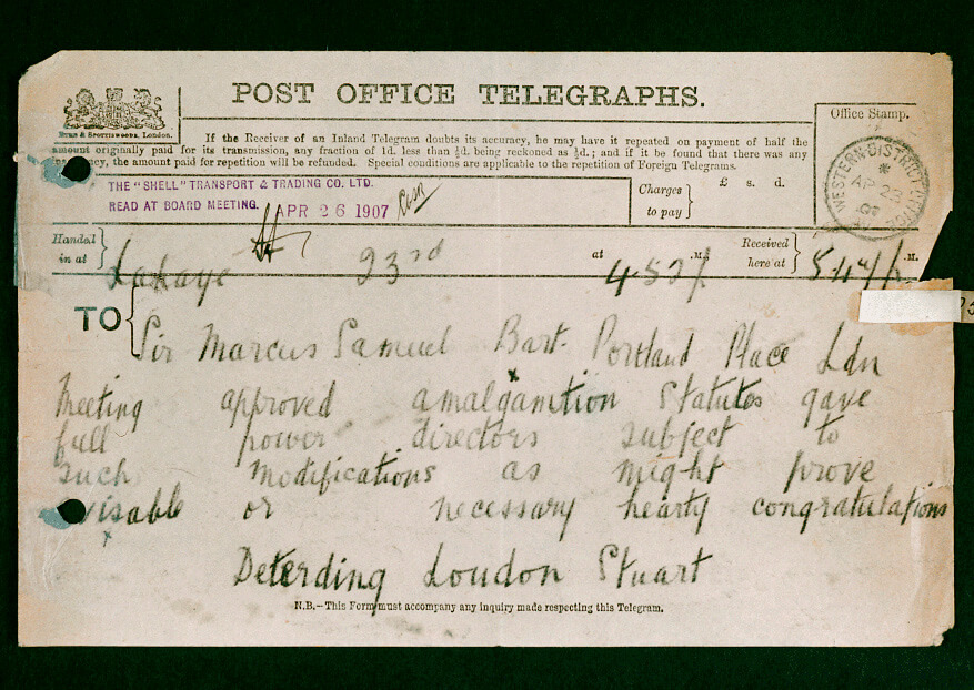 A photograph of a telegraph sent to Sir Marcus Samuel