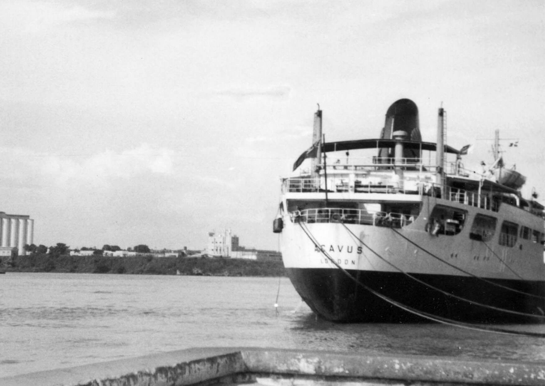 Black and white photograph of the stern of the MV Acavus