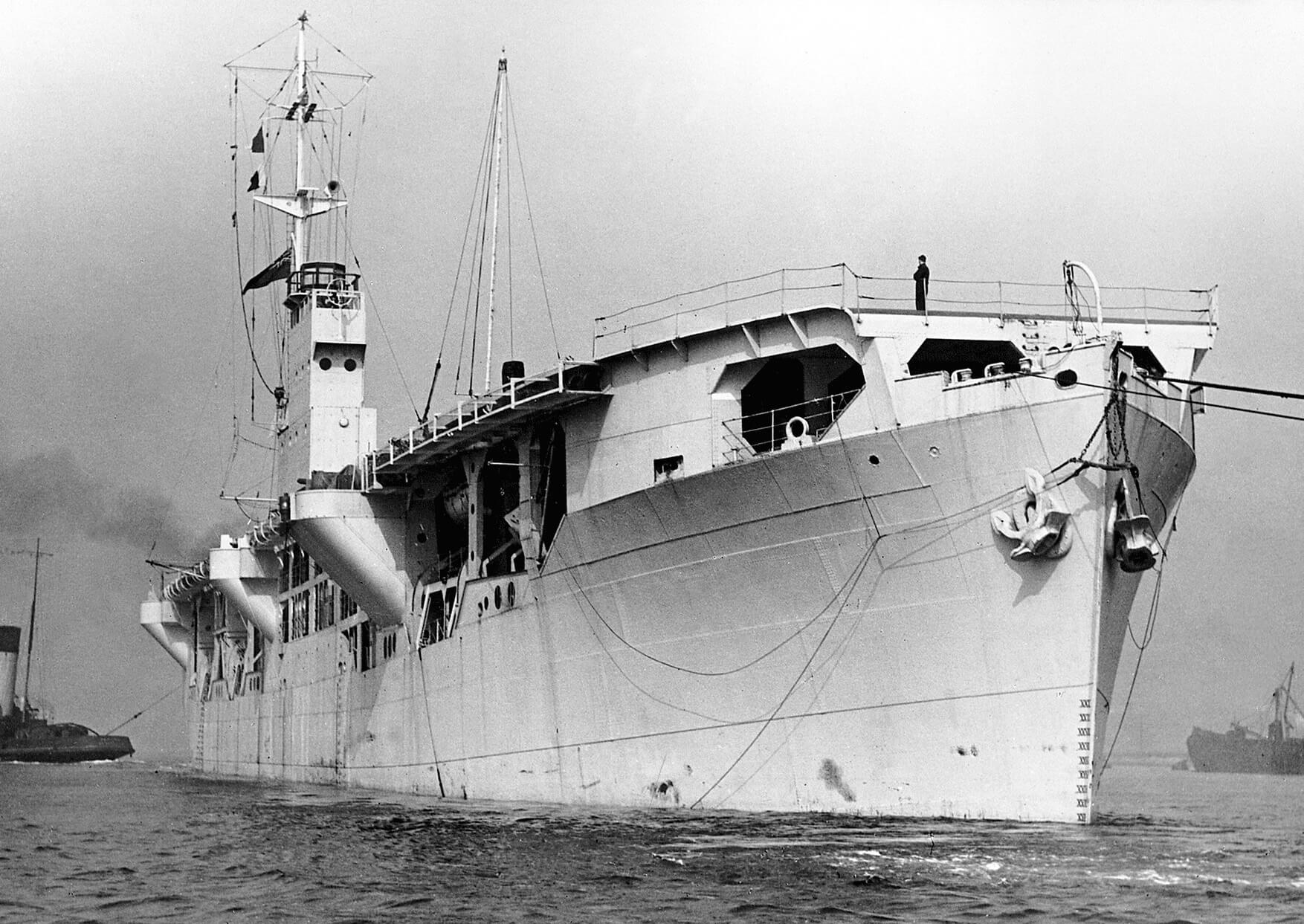 Black and white photograph of a Merchant Aircraft Carrier, converted from a 'Dutch Triple Twelve' ship